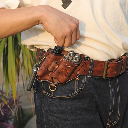 TOURBON Leather 4-in-1 Tool Belt Holster EDC Multitool Flashlight Sheath Utility