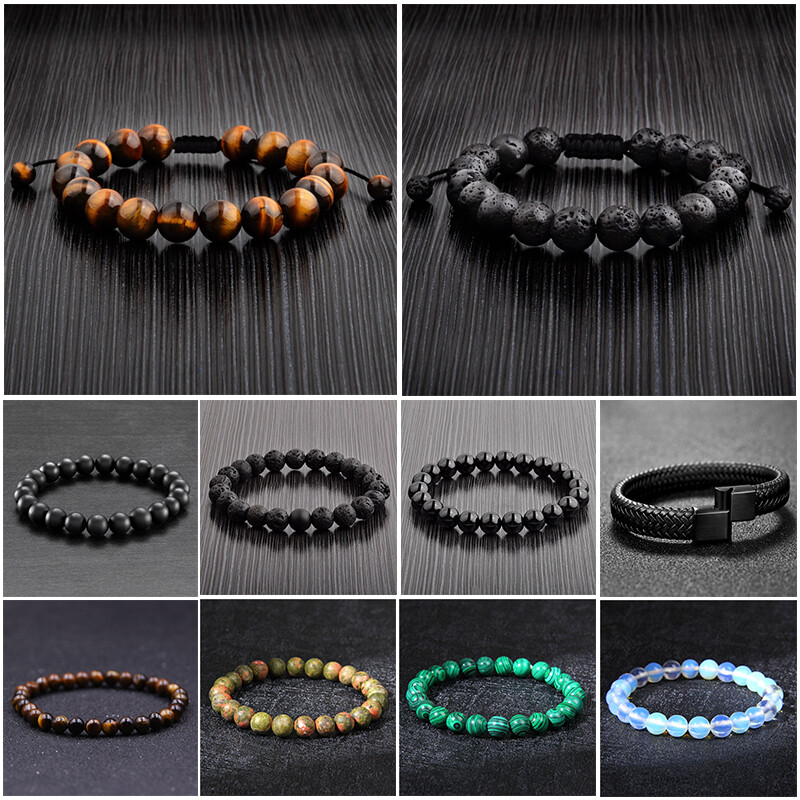 Mens Black Onyx Polished Natural Healing Stone Bead Adjustable Bracelet 8mm Wide
