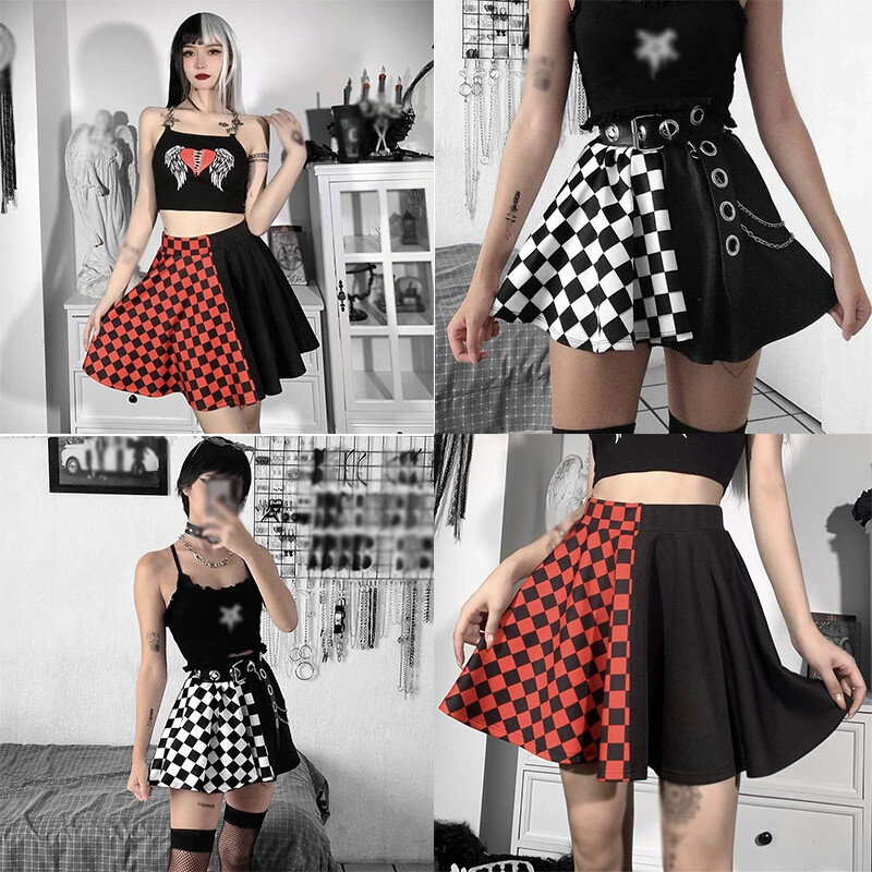 High Waist Pleated Women Mini Black Plaid Pleated Skirt Punk