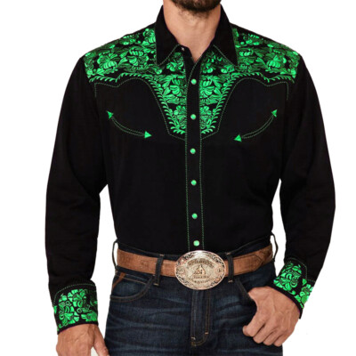 Mens Casual Western Cowboy Shirt Buttons Down Long Sleeve Retro Printed Shirts