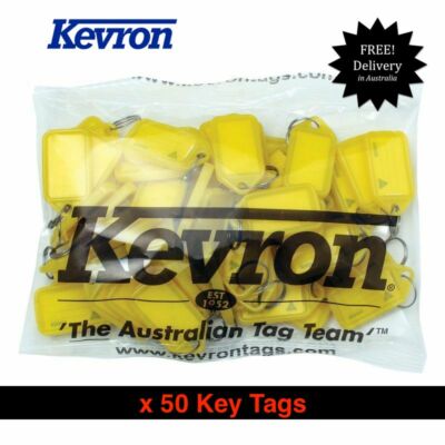 Bulk Office Key Tags -Bag Of 50 YELLOW Plastic KEVRON Click Key Tags-FREE POST