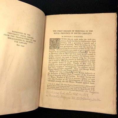 First Decade of Printing in the Royal Province of South Carolina by McMurtrie