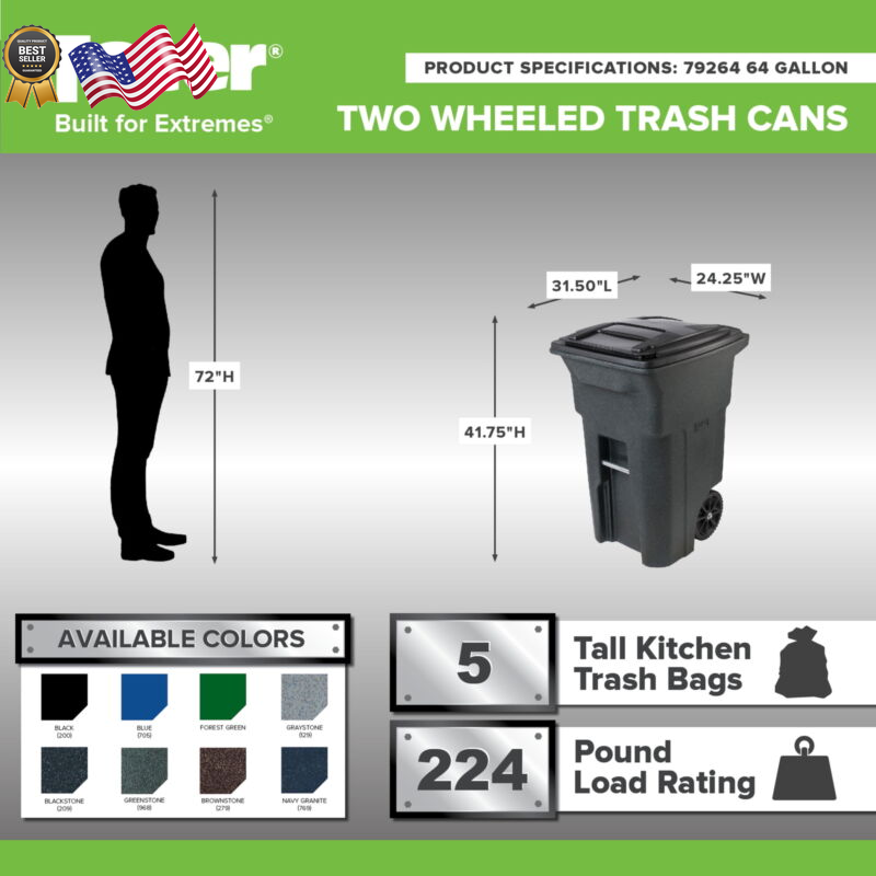 64 Gallon Black Garbage Can with Wheels and Lid