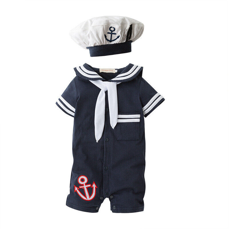 Unisex baby clothes sailor suit Short sleeve One-piece White Navy
