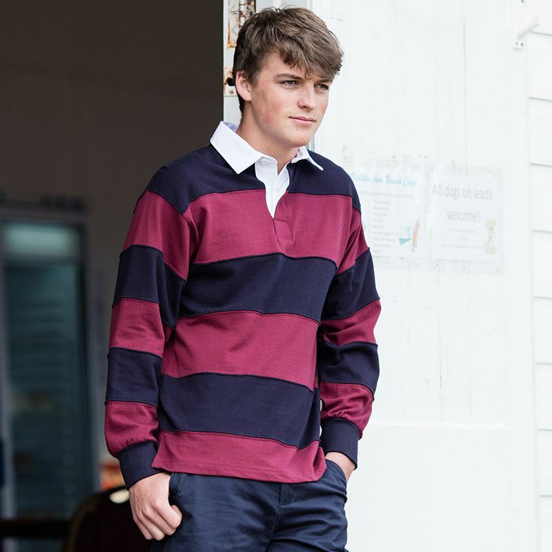 Mens Front Row Sewn Stripe Long Sleeve 100 Cotton Rugby Shirt Collar