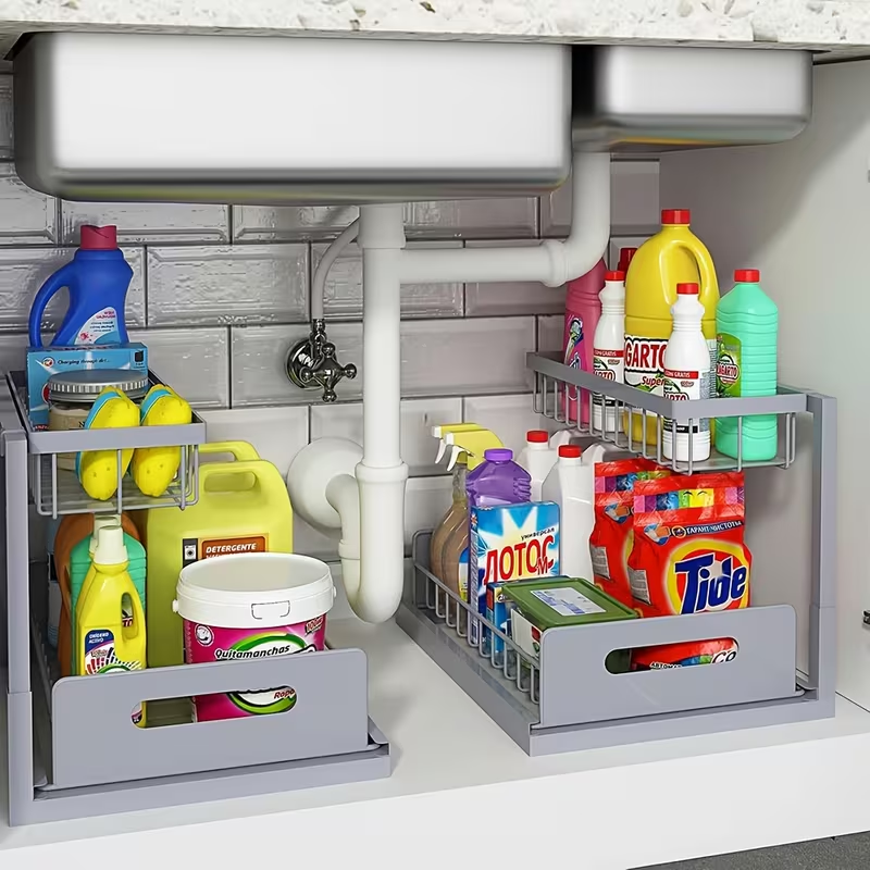Under Sink Organizer 2 Pack Double Slide Out Metal Shelf Pull Out Kitchen Storag