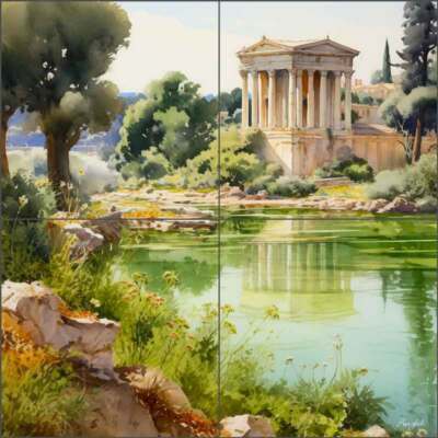 Temple Tile Backsplash Roozbeh Bahramali Landscape Art Ceramic Mural OB-ROZ702
