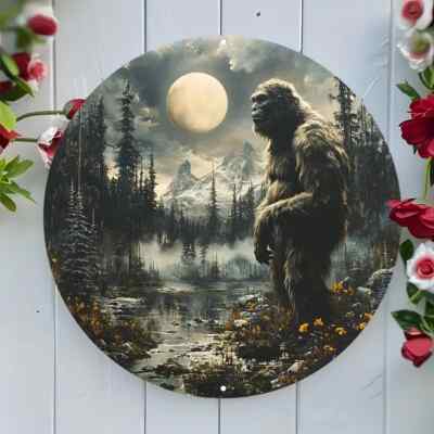 Sasquatch/Bigfoot Aluminum Metal Wall Art Decor - 8X8 Inch Round - Forest & Moon