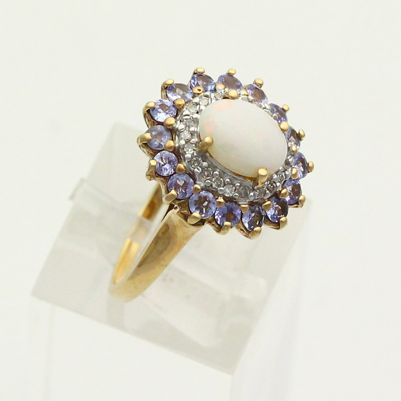 Unique 10k Yellow Gold Opal, Tanzanite & Diamond Ring - Size 7