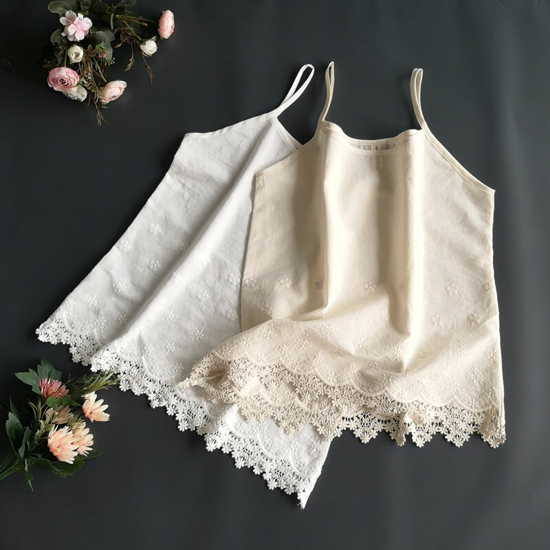 Camisole Débardeur Femme Coton À Bretelles Brodé Uni Style Rétro