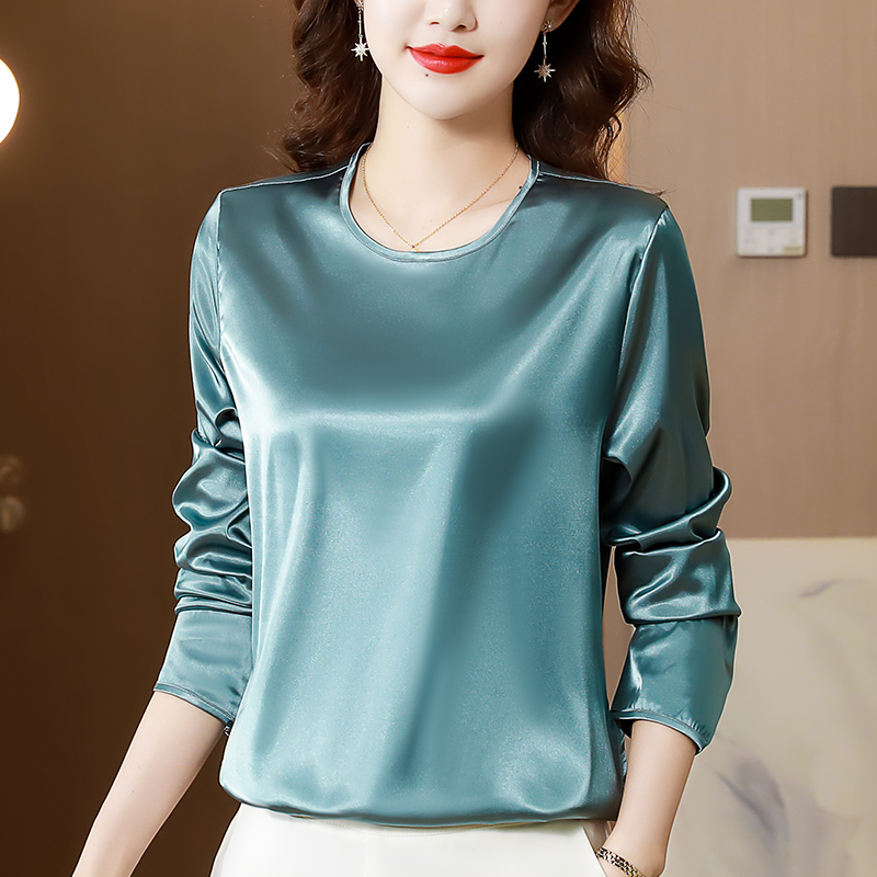Damen Satin Silky Hemd Bluse Langärmelig Rundhals Schlicht Locker Seitenschlitz