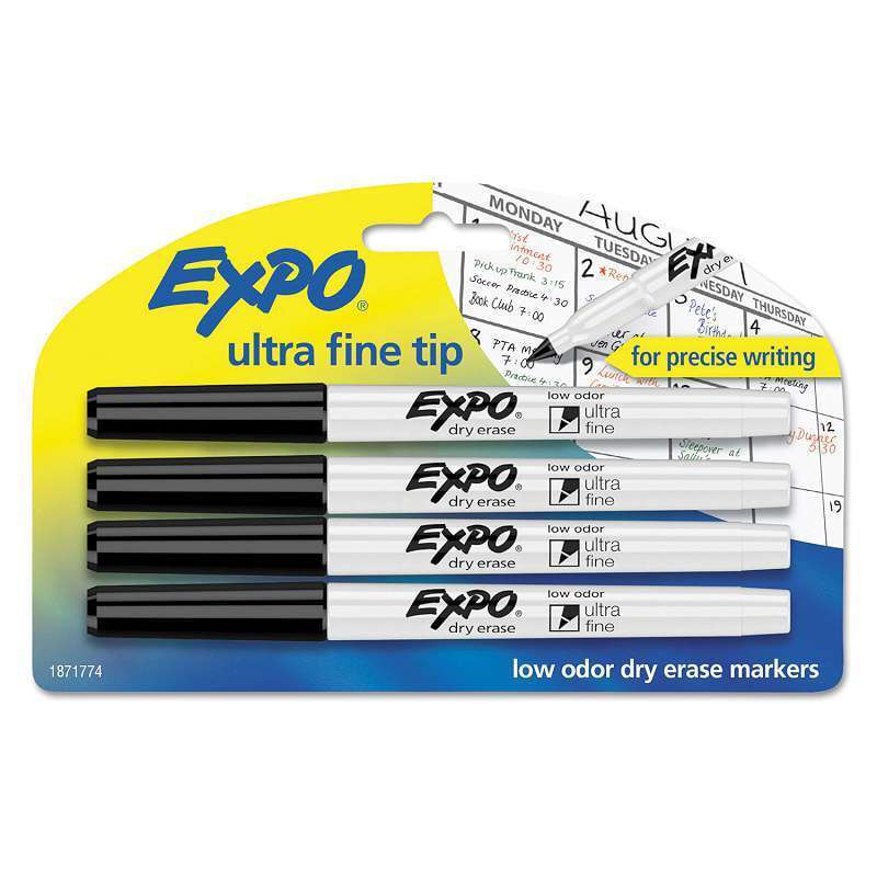 EXPO® Low-Odor Dry-Erase Marker, Ultra Fine Point, Black, 4/Pack 071641070554