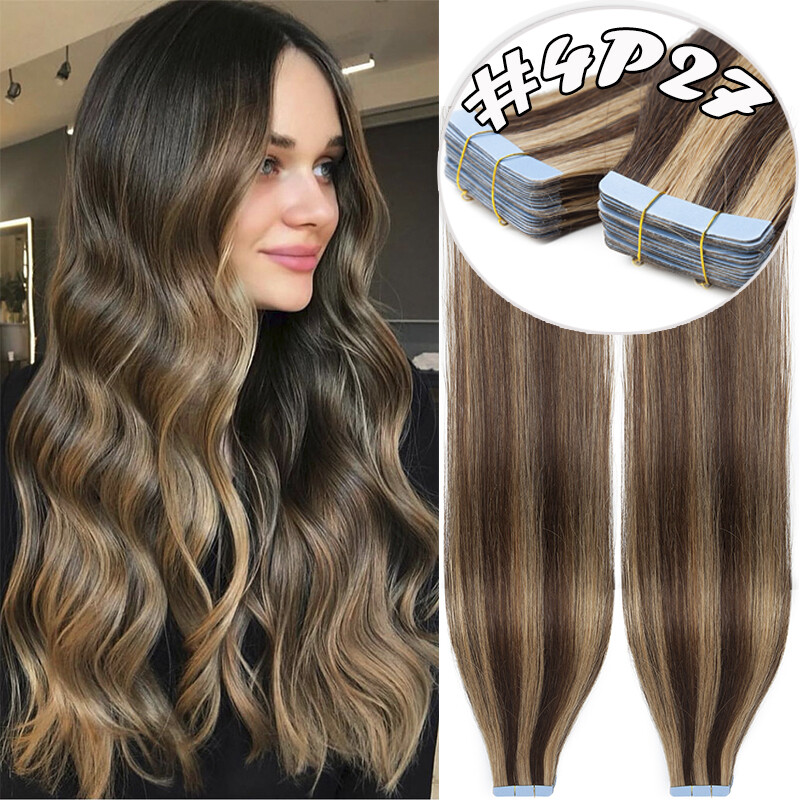 Balayage Seamless Tape In 100% Real Remy Human Hair Extensions Full Head Glue US