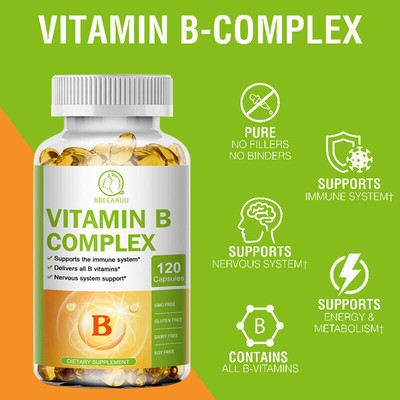 Vitamin B Complex 120 Capsules B1,B2,B3,B5,B6,B7,B9,B12, Immune Support Pills