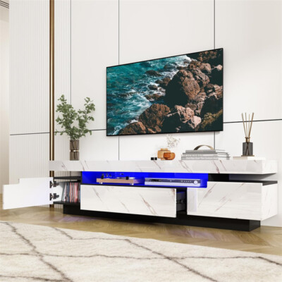 70IN High Gloss Modern White LED TV Stand, Entertainment Center for 75/80" TV
