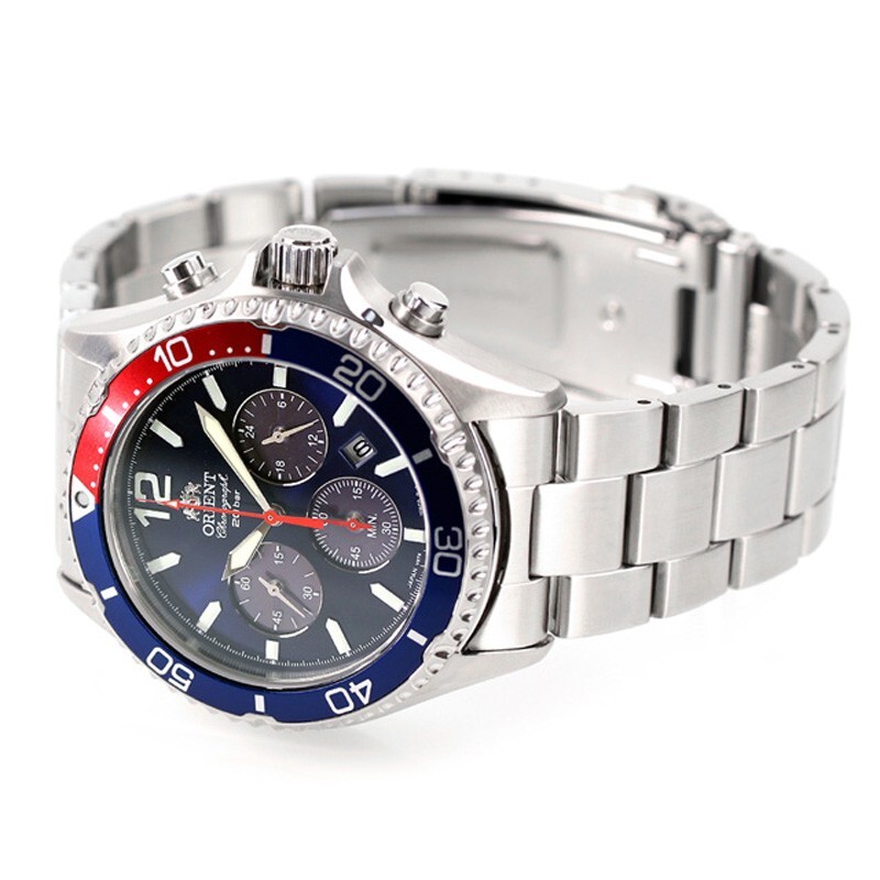 Pre-owned Orient Mako Rn-tx0201l Panda Blue Dial Solar Analog Chronograph Men Watch