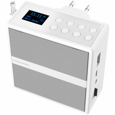 Badradio: Steckdosenradio mit DAB+/FM, Bluetooth, USB, Freisprecher & Akku, 6 W