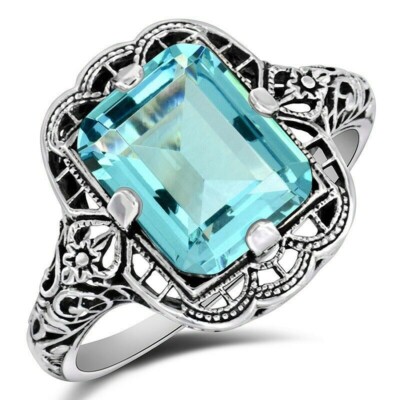 Natural 4CT Aquamarine 925 Sterling Silver Edwardian Style Ring Sz 6,7,8 FM8