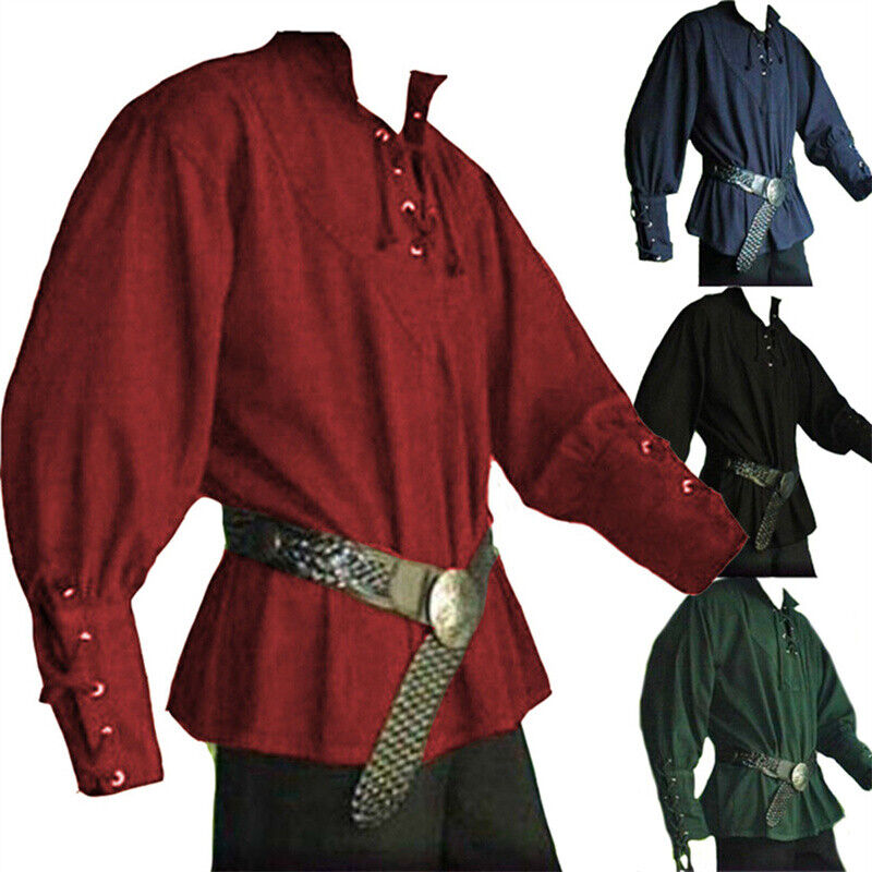 Mens Medieval Renaissance Pirate Shirt 18th Century Long Sleeve T-Shirt Cosplay