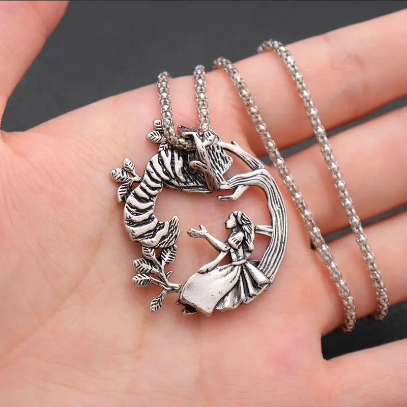 Alice In Wonderland Cheshire Cat Jewelry Vintage Silver Pendant Necklace