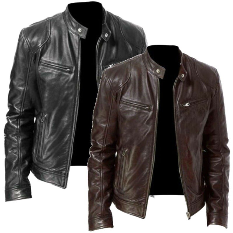 Mens Retro Leather Jacket Motorcycle Stand Collar Biker Coat Zip Up Outwear Tops