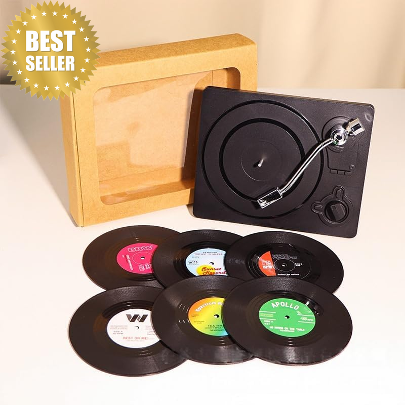 6 Pcs Funny Retro Vinyl Record Coasters with Player Design, Non-Slip Drink Coast