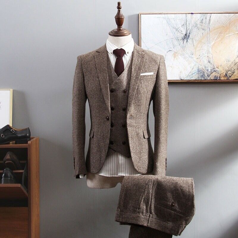 Men's Tweed Wool Blend Suit Tailored Wedding Tuxedo Slim Fit Formal Party Blazer