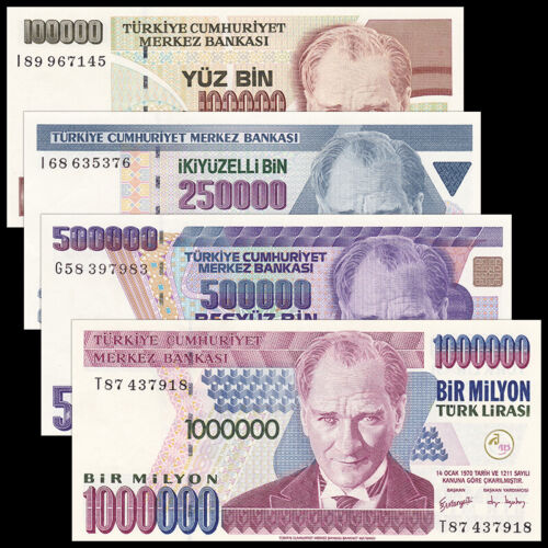  Set 4 PCS, Turkey 100000 250000 500000 1000000 Lira, P206,211-213, UNC