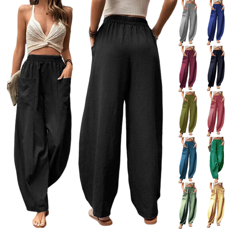 Women Summer Ice Silk Pocket Wide Leg Baggy Pants Elastic High