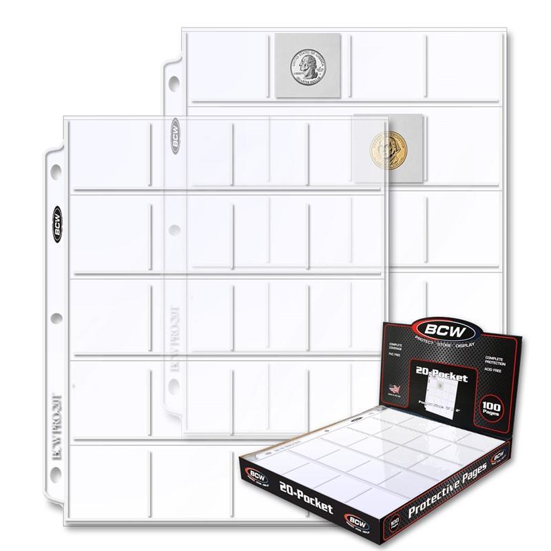 Box 100 BCW PRO 20-POCKET PAGES FOR 2x2 CARDBOARD FLIPS SLIDES POGS COINS COUPON