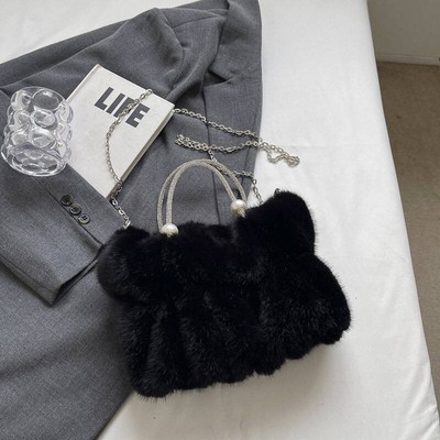 Black Small Crossbody Fluffy Bag: Diamond Chain & Ruffled Cloud Style