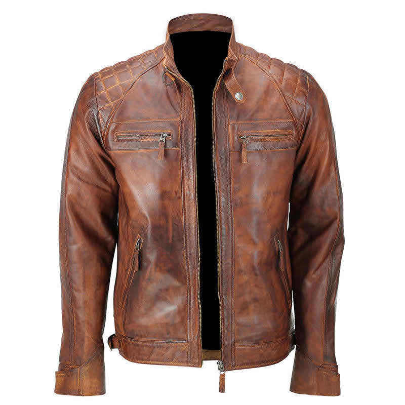 ジャケット・アウター Old Brown Leather Bikers Jacket DEGNER Mens Biker Vintage Motorcycle Classic Diamond Brown