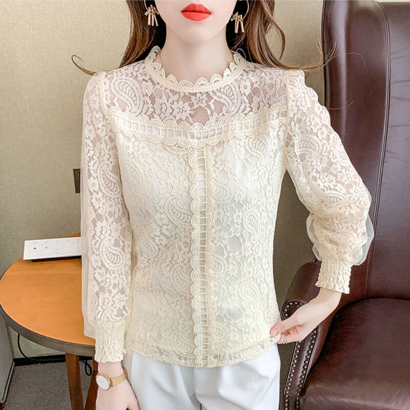Lady Lace Mesh Shirt Floral Hollow Blouse Long Sleeve Crew