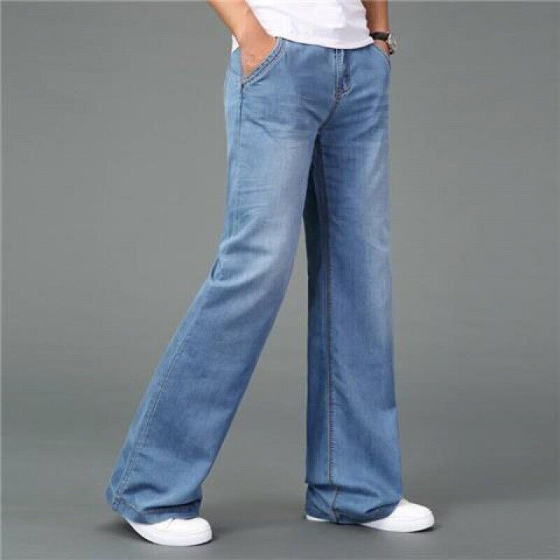 Retro Mens Bell Bottom Denim Pants Slim Fit Jeans Flared Straight-Legs Trousers