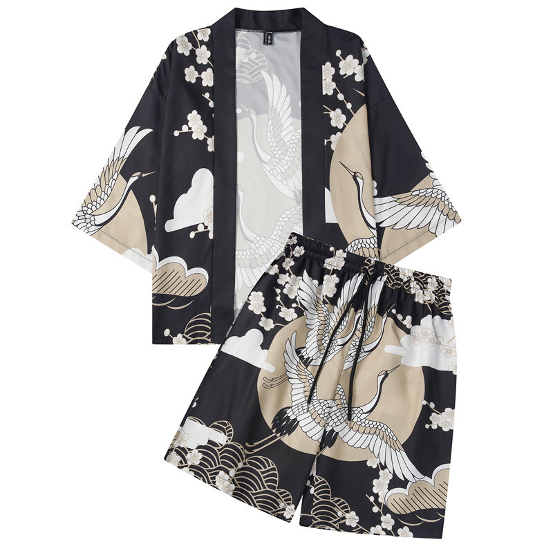 Men's Japanese Kimono Yukata Crane Print Cardigan Jackets Coat Ukiyoe Loose
