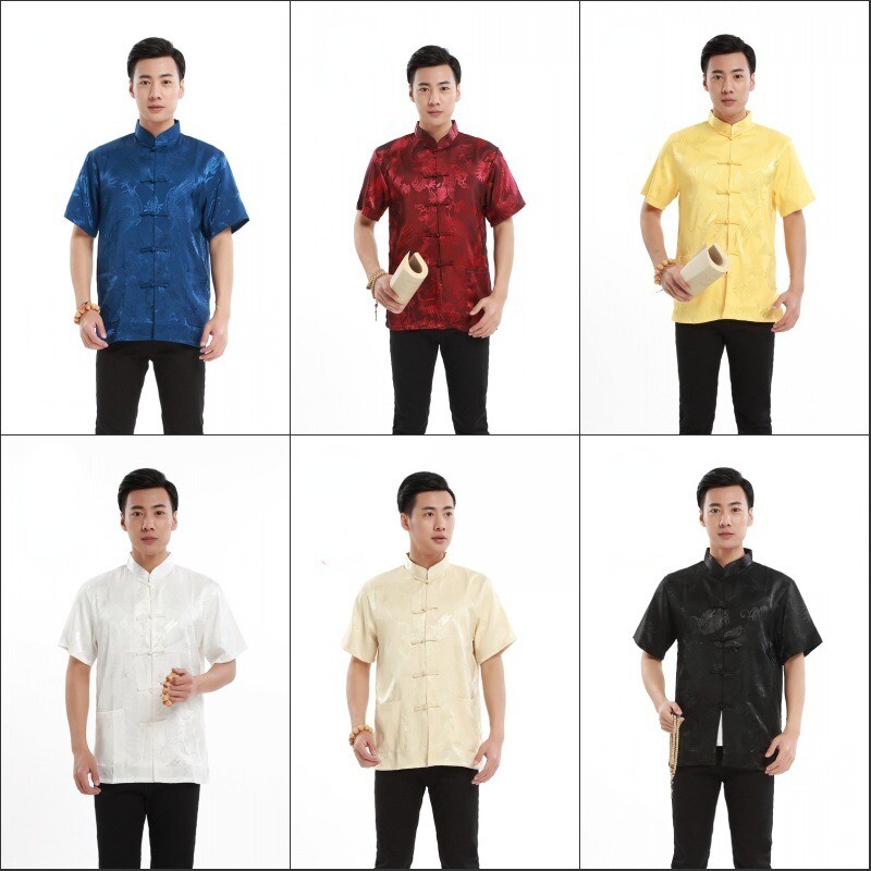 Herren Kurz Hemd Satin Jacquard Drachen Bluse Chinesisch Kleidung Kung Fu Top