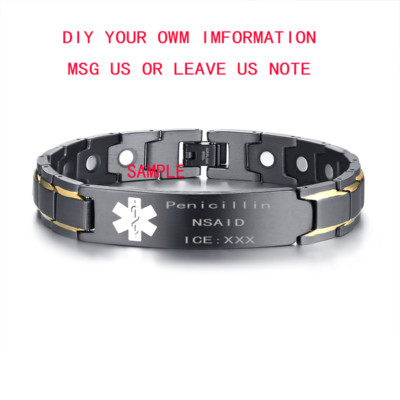 Men Medical Alert ID Health Magnet Therapy Bracelet Free Engraving & Adjust Tool