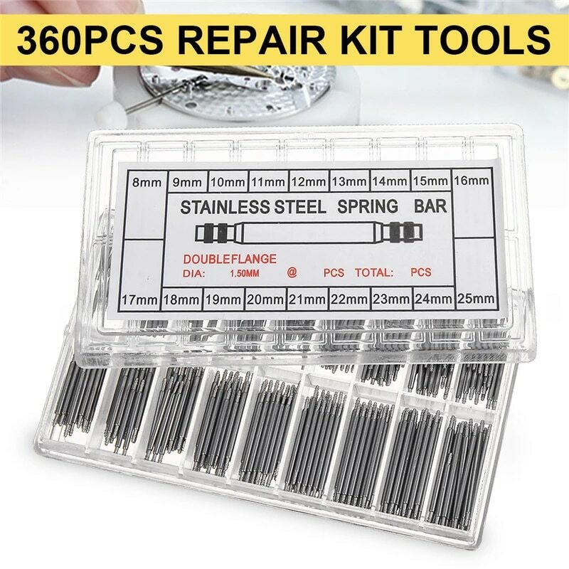 360pcs Watch PINS SPRING BARS Band Strap Link 8-25mm Repair Kit Stainless Steel 