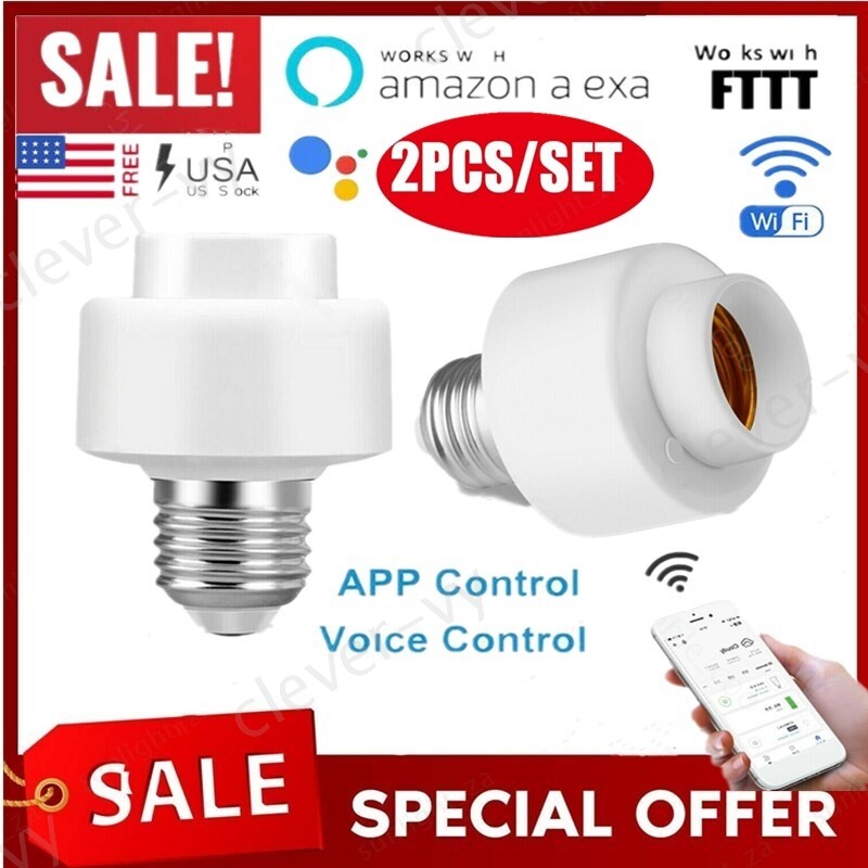 2PCS Smart WiFi Light Bulb Socket Adapter E27 Switch Wireless APP Remote Control