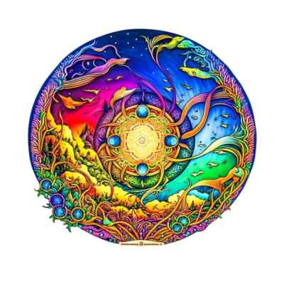 SUN OCEAN - Colorful ROUND Wooden Jigsaw Puzzle w Special Shapes, 11'' x 11''