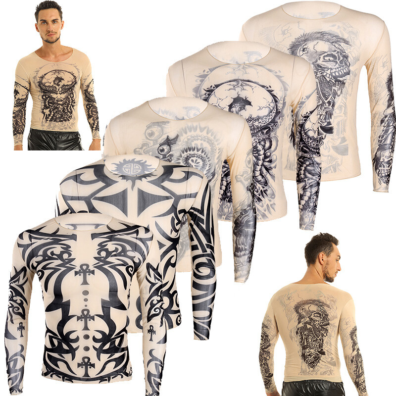 Men's Long Sleeves Fake Tattoo Tribal Inspired Print T-Shirt