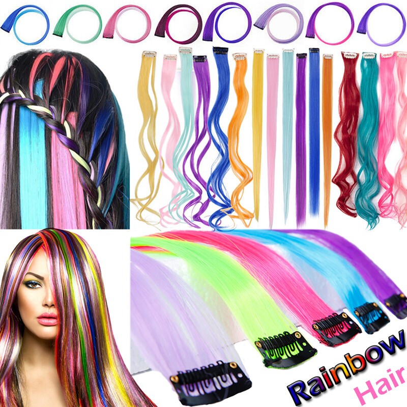 US Post Rainbow Pink Blue Purple Clip In 10 Pieces Hair Exte