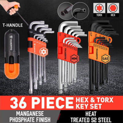 36Pcs Allen Key & Star Torx Hex Wrench Security Bit Kit Ball End Metric SAE Long