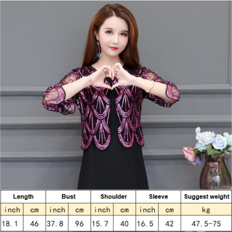 Lady Sequin Cropped Cardigan Mesh Glitter Bolero Jacket 3/4 Sleeve Top Cape Chic
