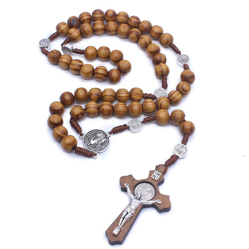 Rosary Necklace for Men Women Wood Prayer Bead Set Chain Cru
