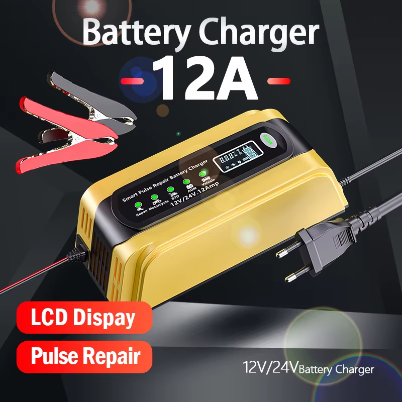 12V 12A 24V 6A Pulse Repair Charger with LCD Display, Motorcycle & Car Battery C