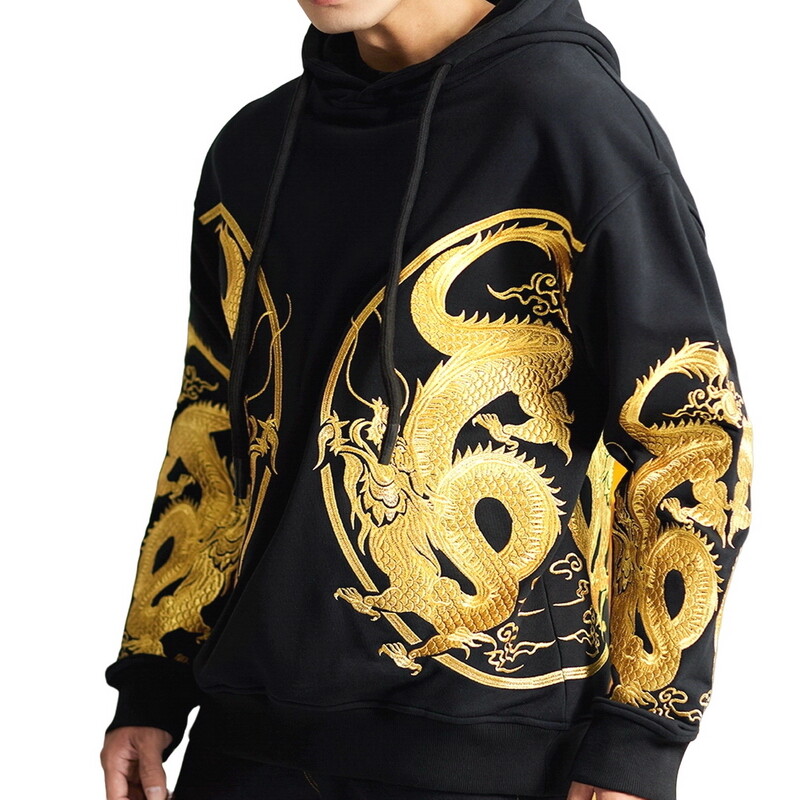 Mens Hoodie Sweatshirt Japanese Pattern Embroidery Hooded