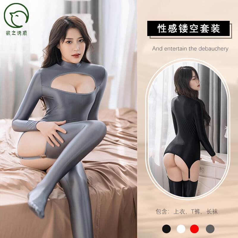 Women's Shiny Glossy Catsuit Bodysuit T-back Stocking Jumpsuit SET Lingeries
