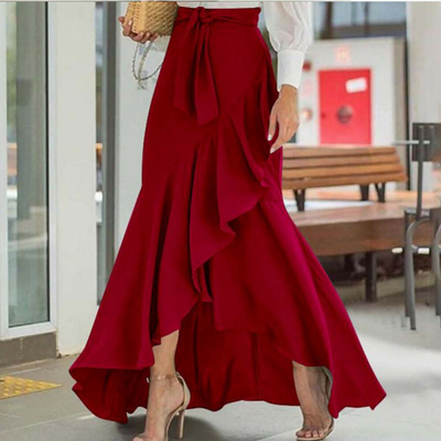 Elegant Womens High Waist Maxi Skirts Side Slit Ruffle Skirts