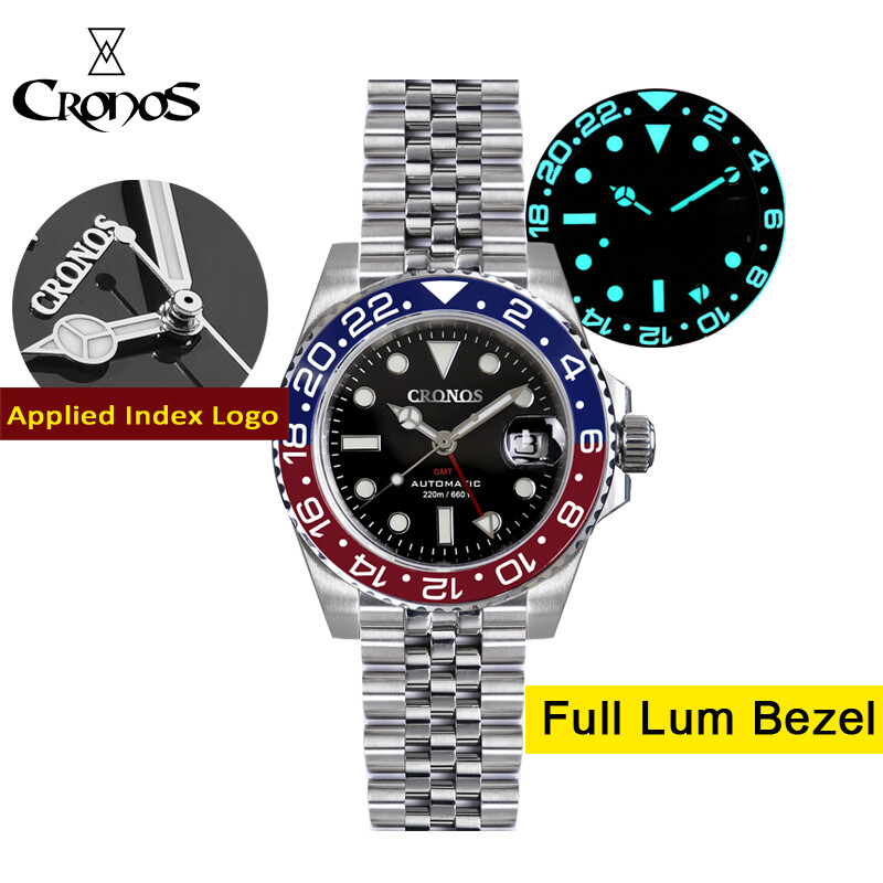 Pre-owned Cronos Cola Gmt Automatic Men Watch Bi-directional 5 Links Bracelet 20 Atm In Darker Red Blue
